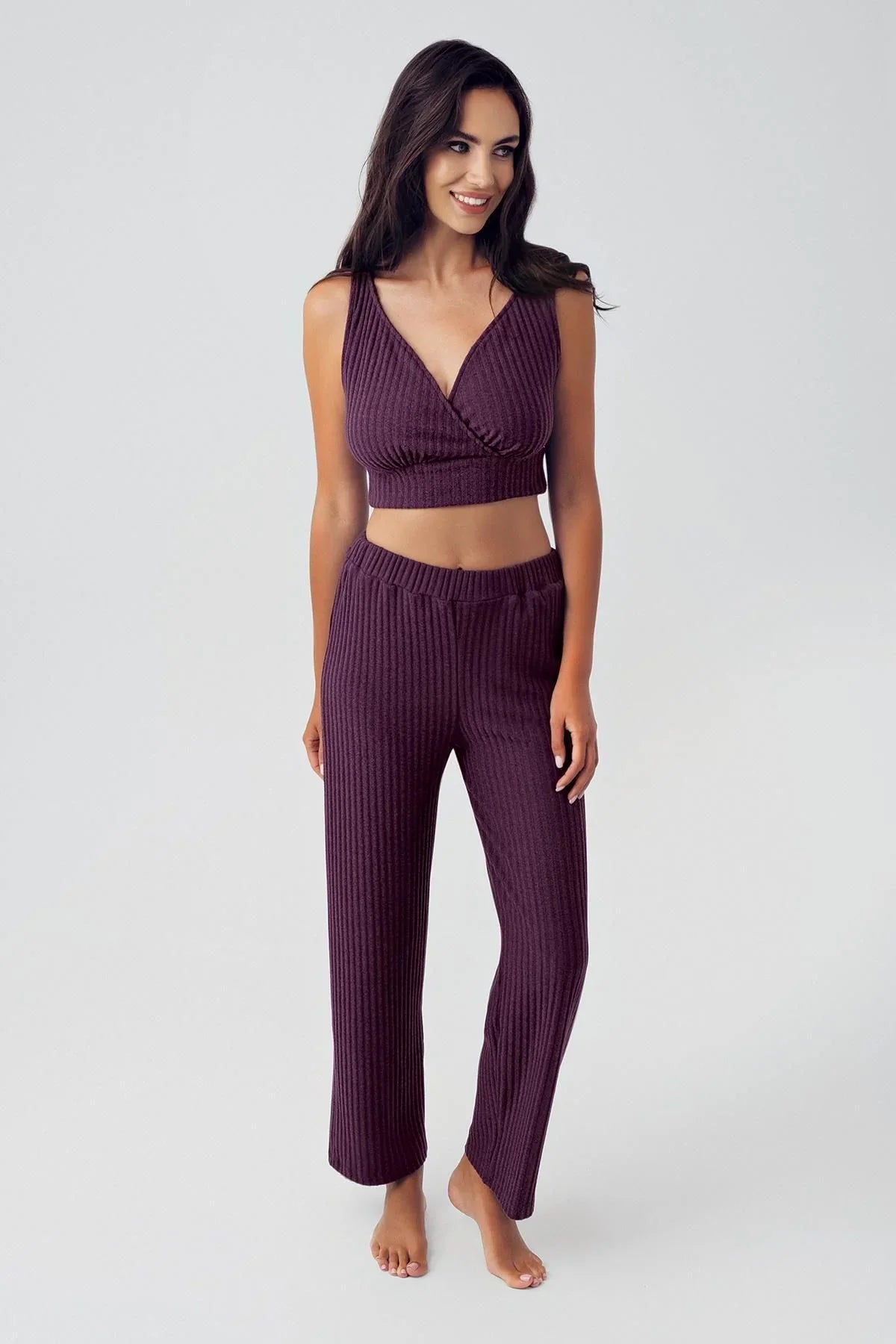 Thick Strap Soft Textured Knitwear Crop Pajama Set 15208