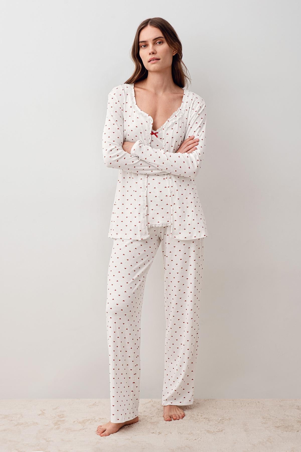 Askılı Düğmeli Kalpli %100 Pamuk Sabahlık Pijama Takım 20305