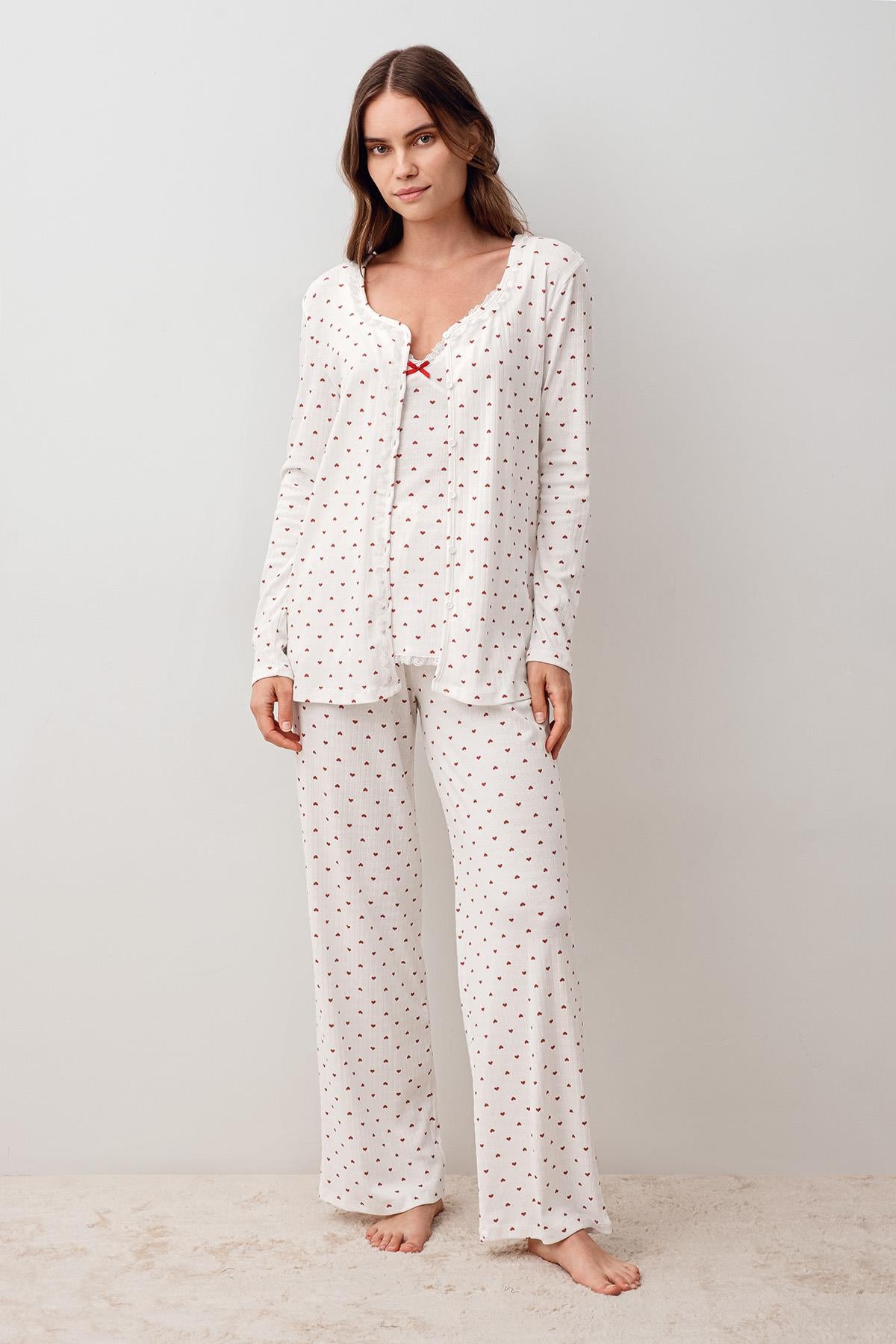 Askılı Düğmeli Kalpli %100 Pamuk Sabahlık Pijama Takım 20305