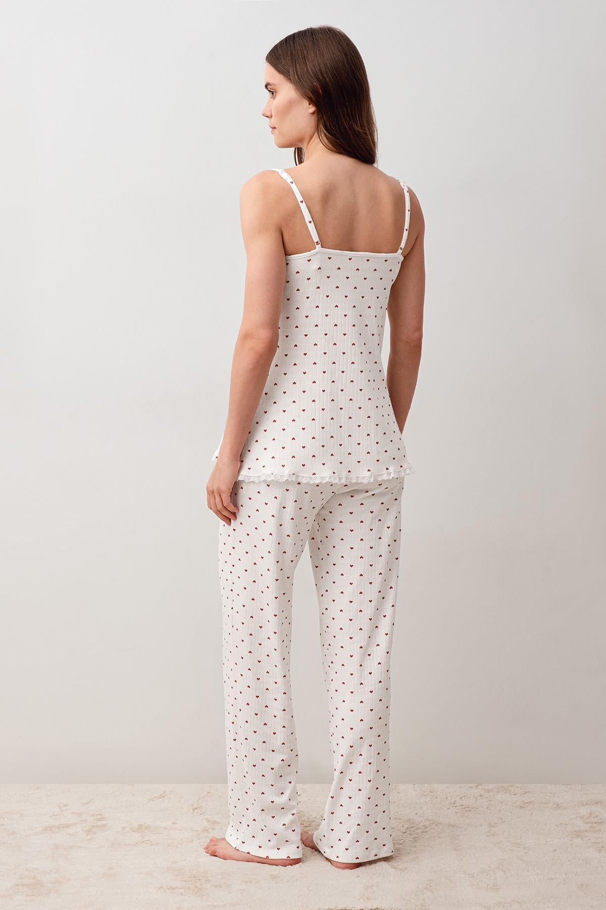 Askılı Düğmeli Kalpli %100 Pamuk Sabahlık Pijama Takım 20305