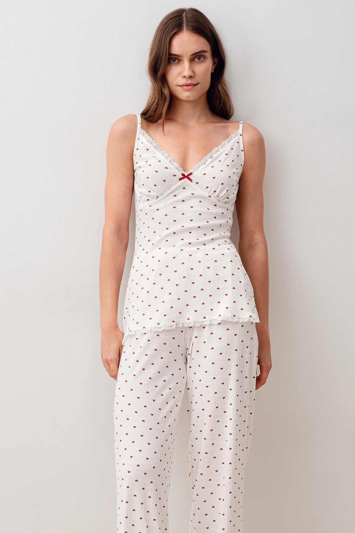 Askılı Düğmeli Kalpli %100 Pamuk Sabahlık Pijama Takım 20305