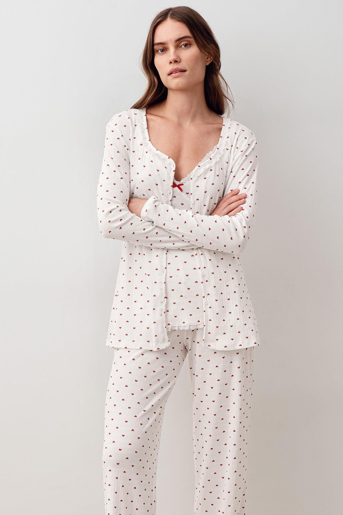 Askılı Düğmeli Kalpli %100 Pamuk Sabahlık Pijama Takım 20305