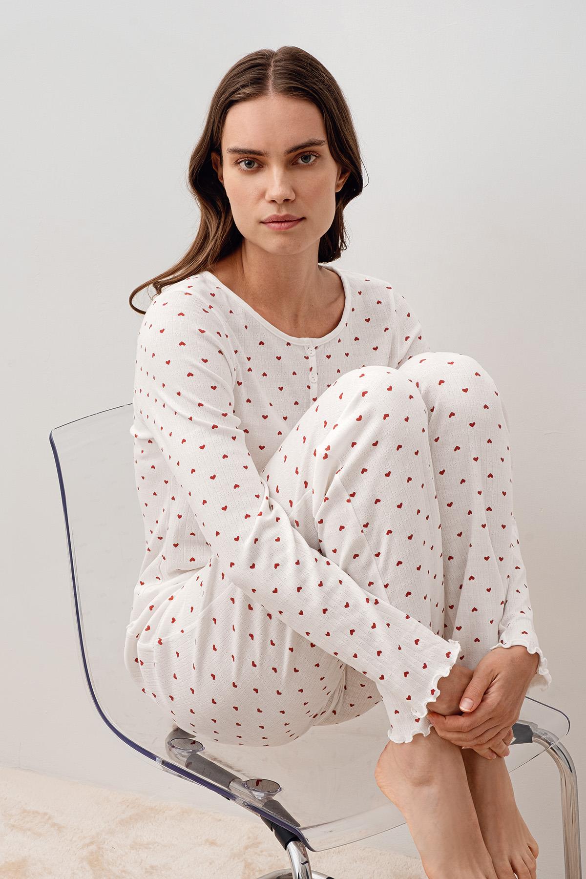 Uzun Kollu Kalpli Düğmeli %100 Pamuk Pijama Takım