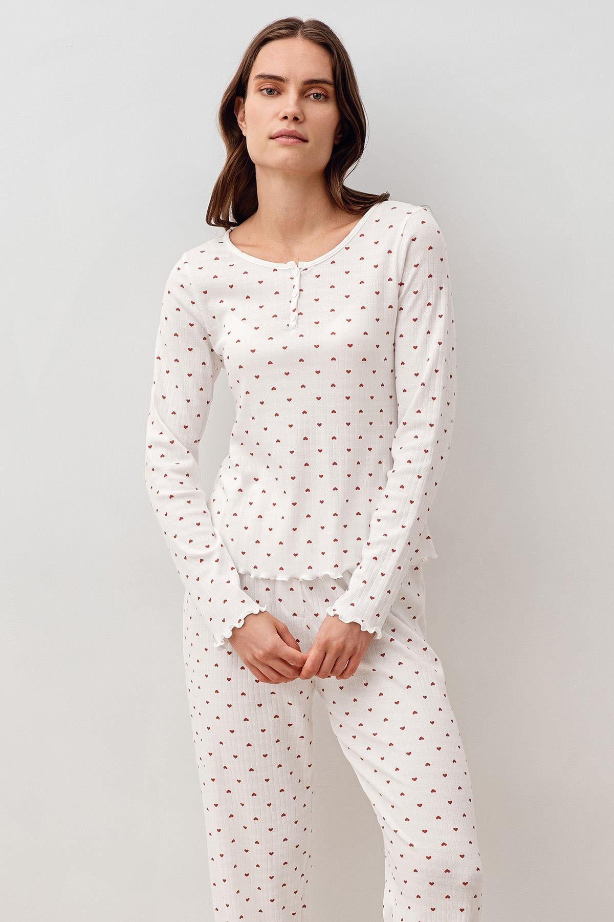 Uzun Kollu Kalpli Düğmeli %100 Pamuk Pijama Takım