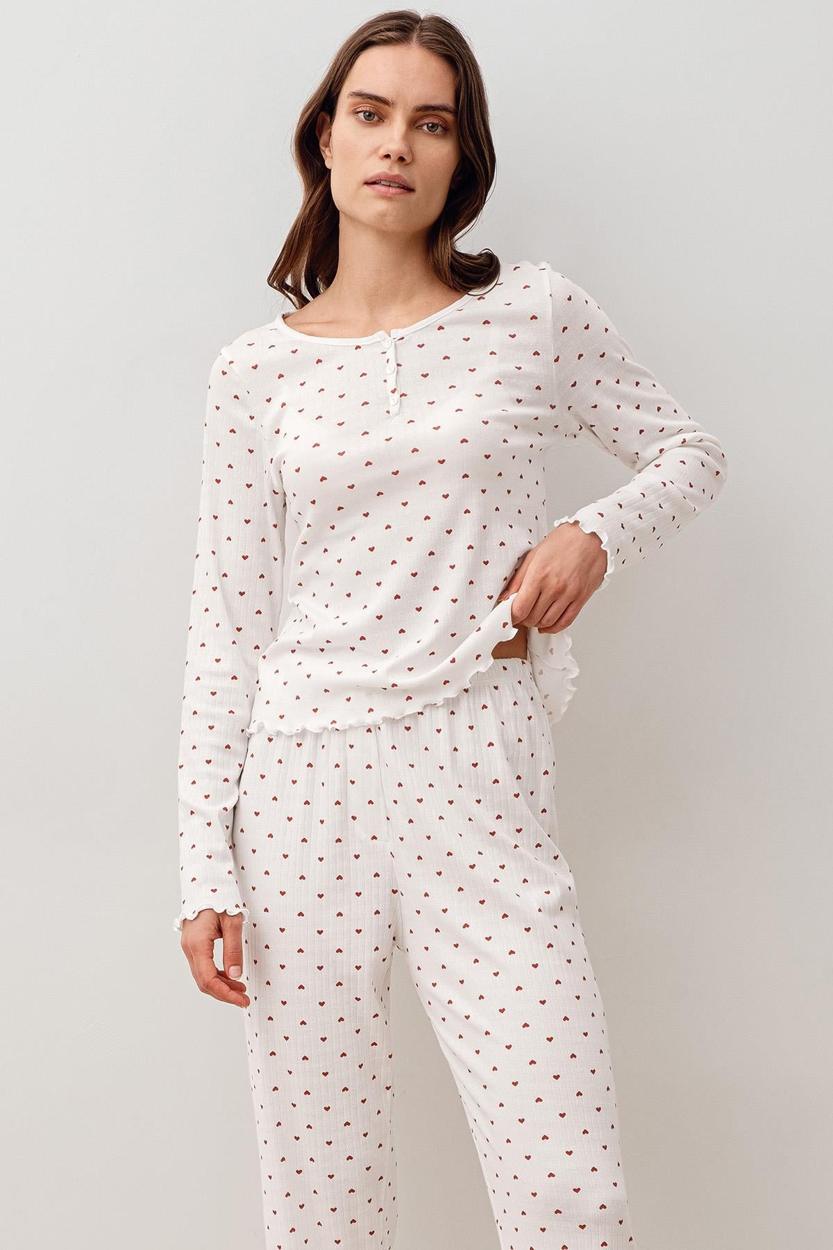 Uzun Kollu Kalpli Düğmeli %100 Pamuk Pijama Takım