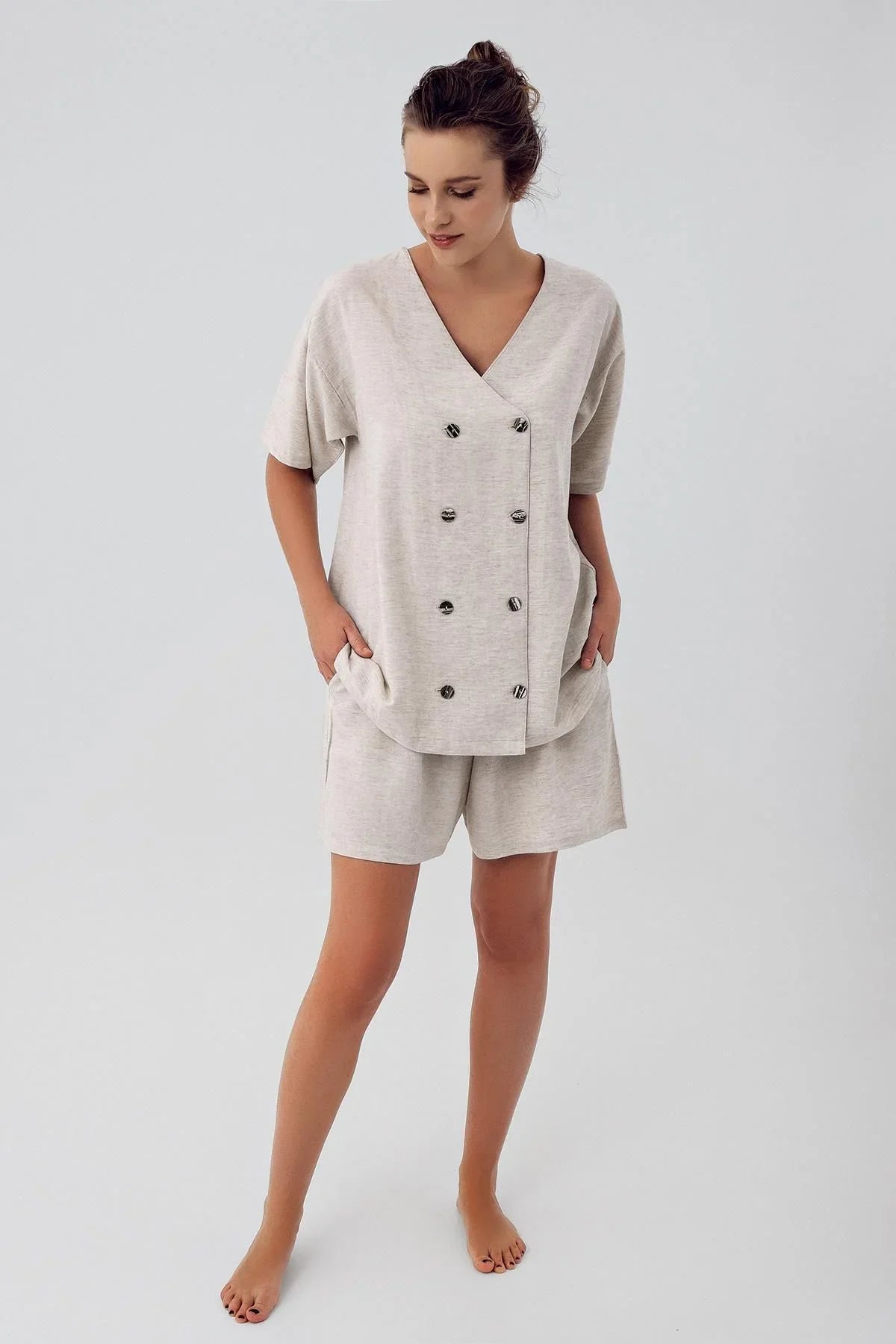 Keten Kısa Kol Oversize Gömlek Şort Takım K602