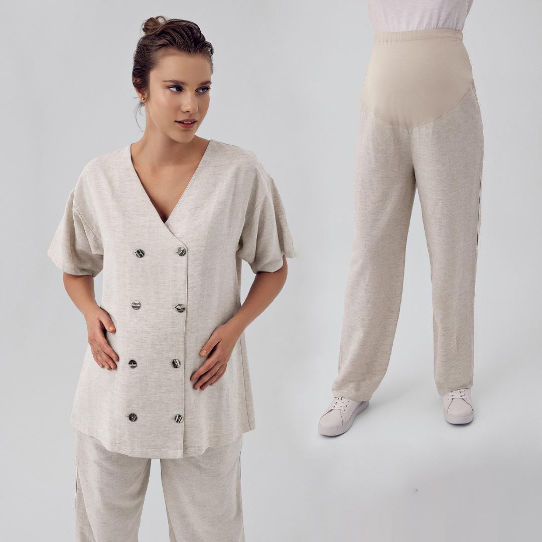 Linen Short Sleeve Oversize Maternity Shirt Adjustable High Waist Trousers Set K701