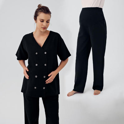 Keten Kısa Kol Oversize Hamile Gömlek Ayarlanabilir Yüksek Bel Pantolon Takım K701