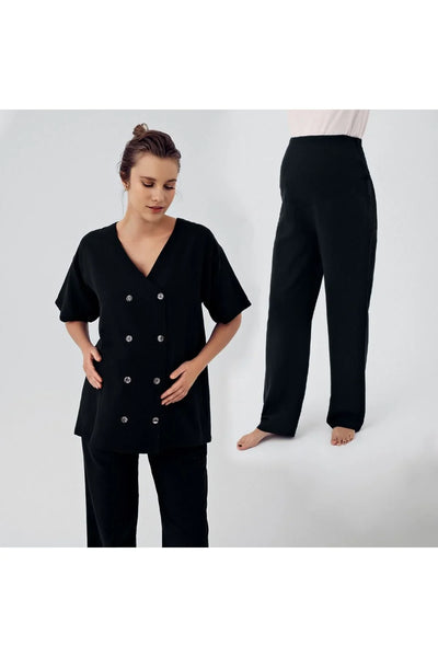 Keten Kısa Kol Oversize Hamile Gömlek Ayarlanabilir Yüksek Bel Pantolon Takım K701