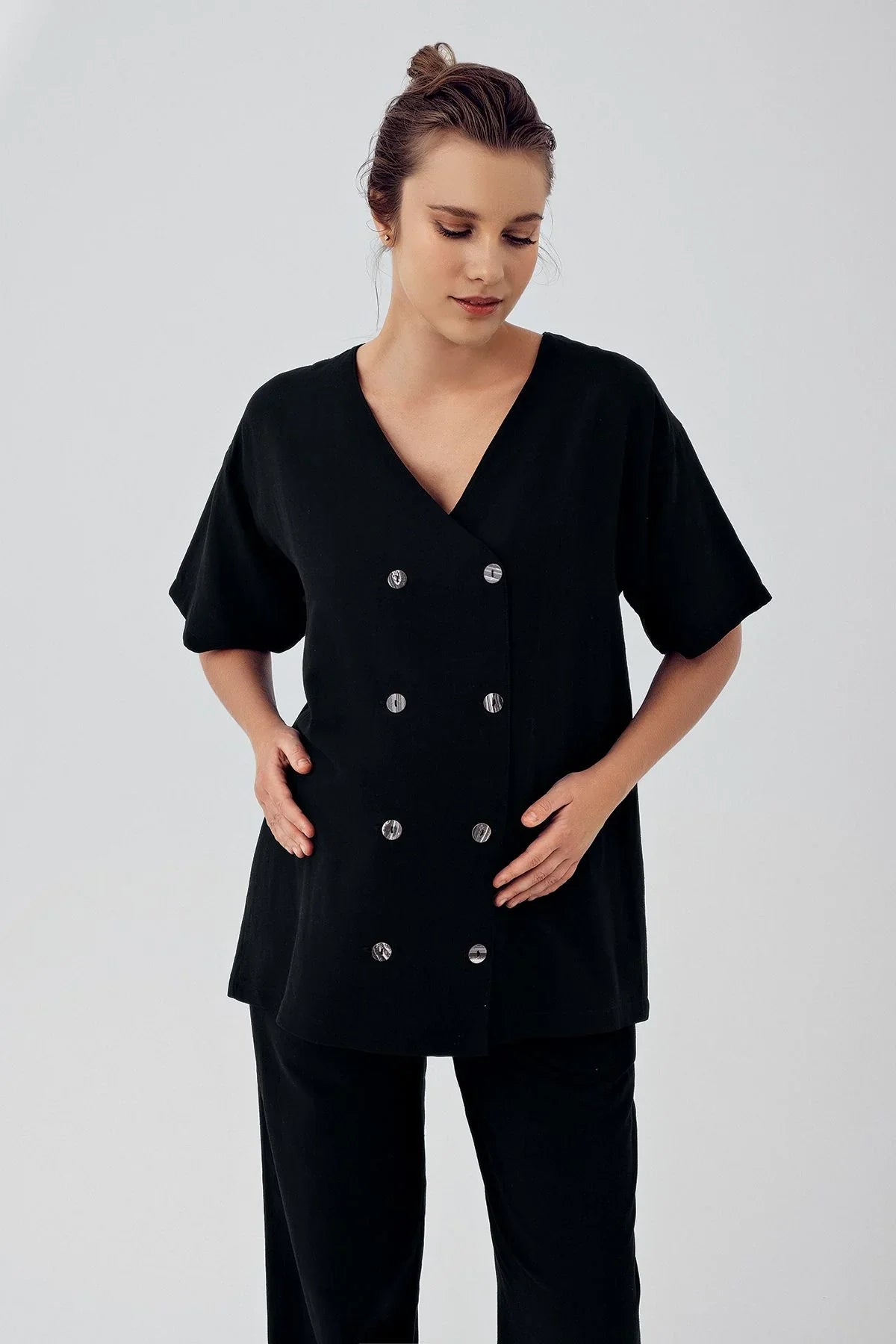 Keten Kısa Kol Oversize Hamile Gömlek Ayarlanabilir Yüksek Bel Pantolon Takım K701