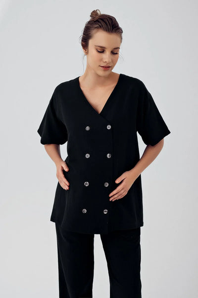 Keten Kısa Kol Oversize Hamile Gömlek Ayarlanabilir Yüksek Bel Pantolon Takım K701