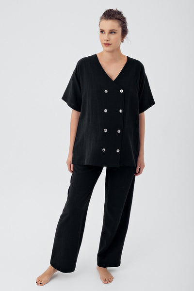 Keten Kısa Kol Oversize Hamile Gömlek Ayarlanabilir Yüksek Bel Pantolon Takım K701 - Artış Collection