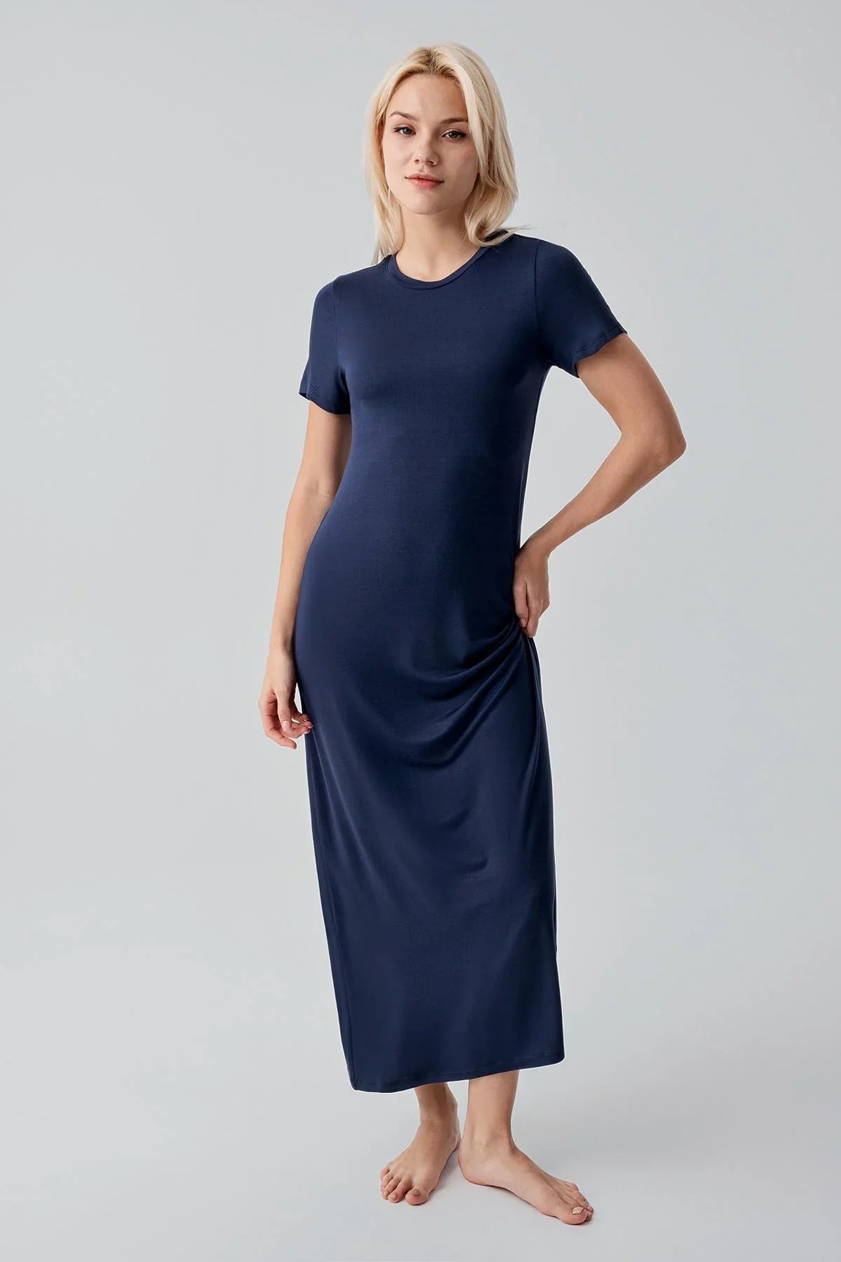 Kısa Kollu Uzun Basic Rahat Günlük Likralı Esnek Viskoz Soft Elbise 19110