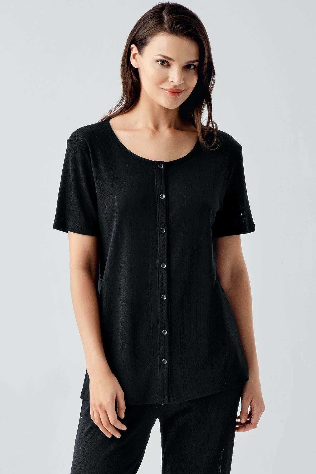 Kısa Kollu Ajurlu Düğmeli Esnek Pamuklu Pijama Takım 17210 - Artış Collection