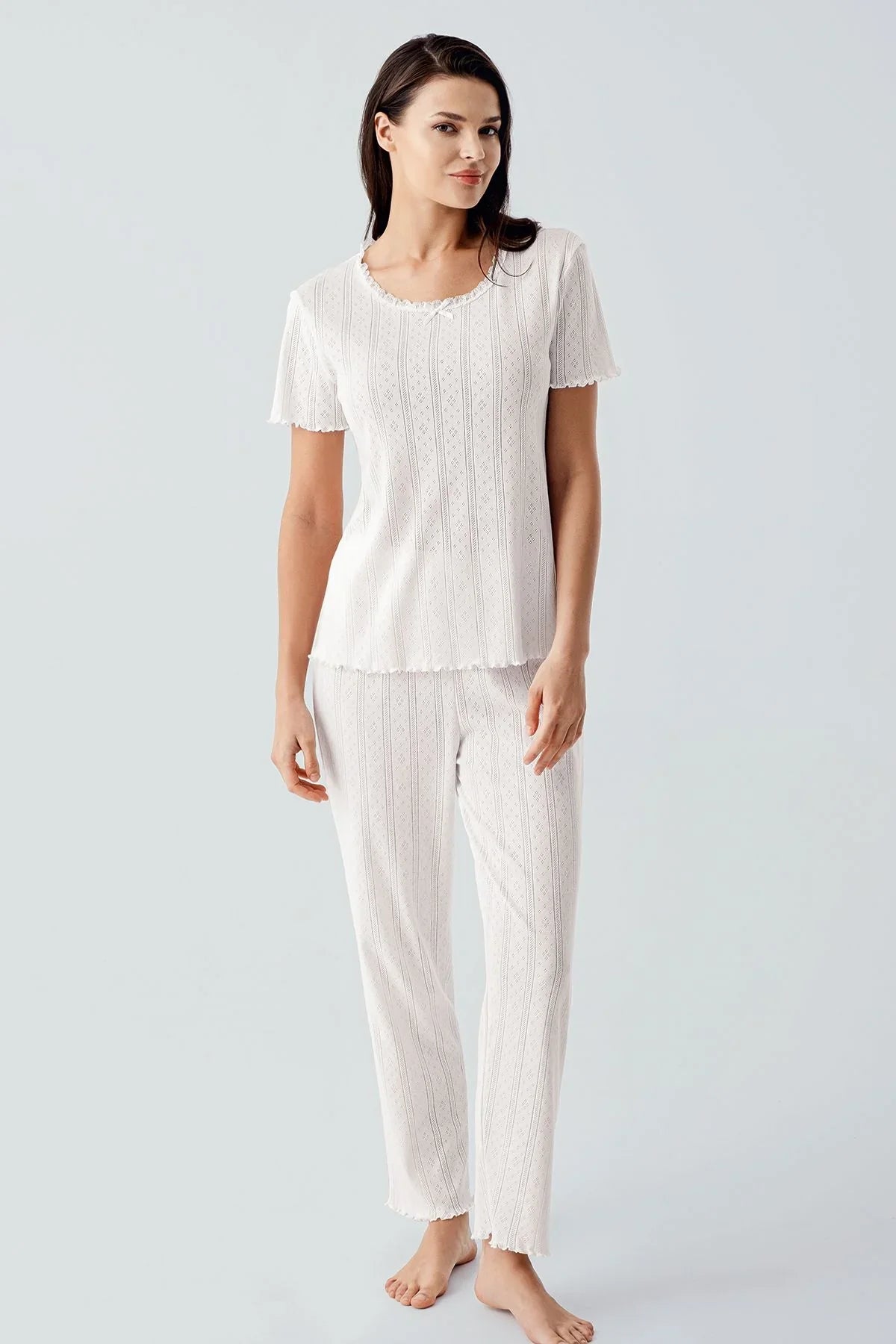 Kısa Kollu Ajurlu Esnek Pamuklu Pijama Takım 17209