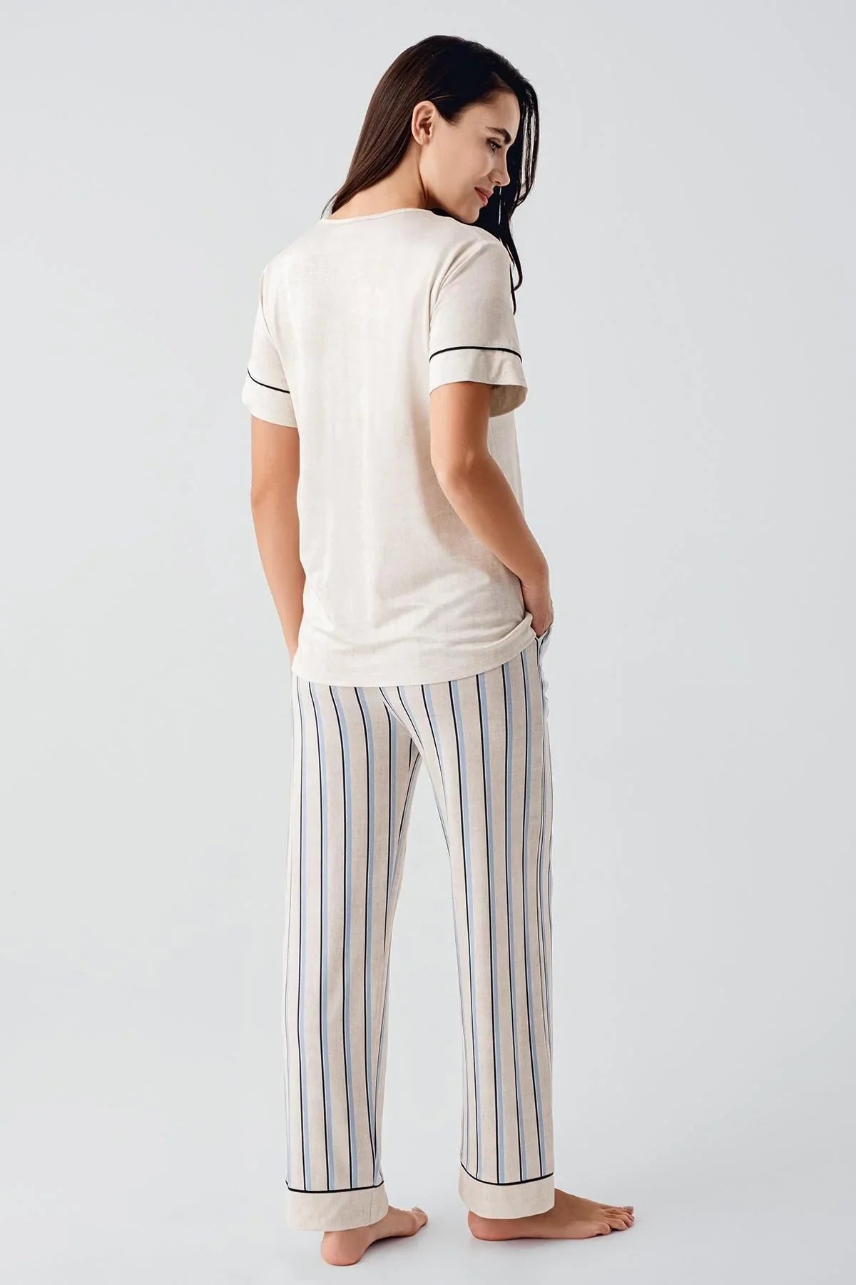Kısa Kollu Çizgili Düğmeli Esnek Viskoz Pijama Takım 17214 - Artış Collection