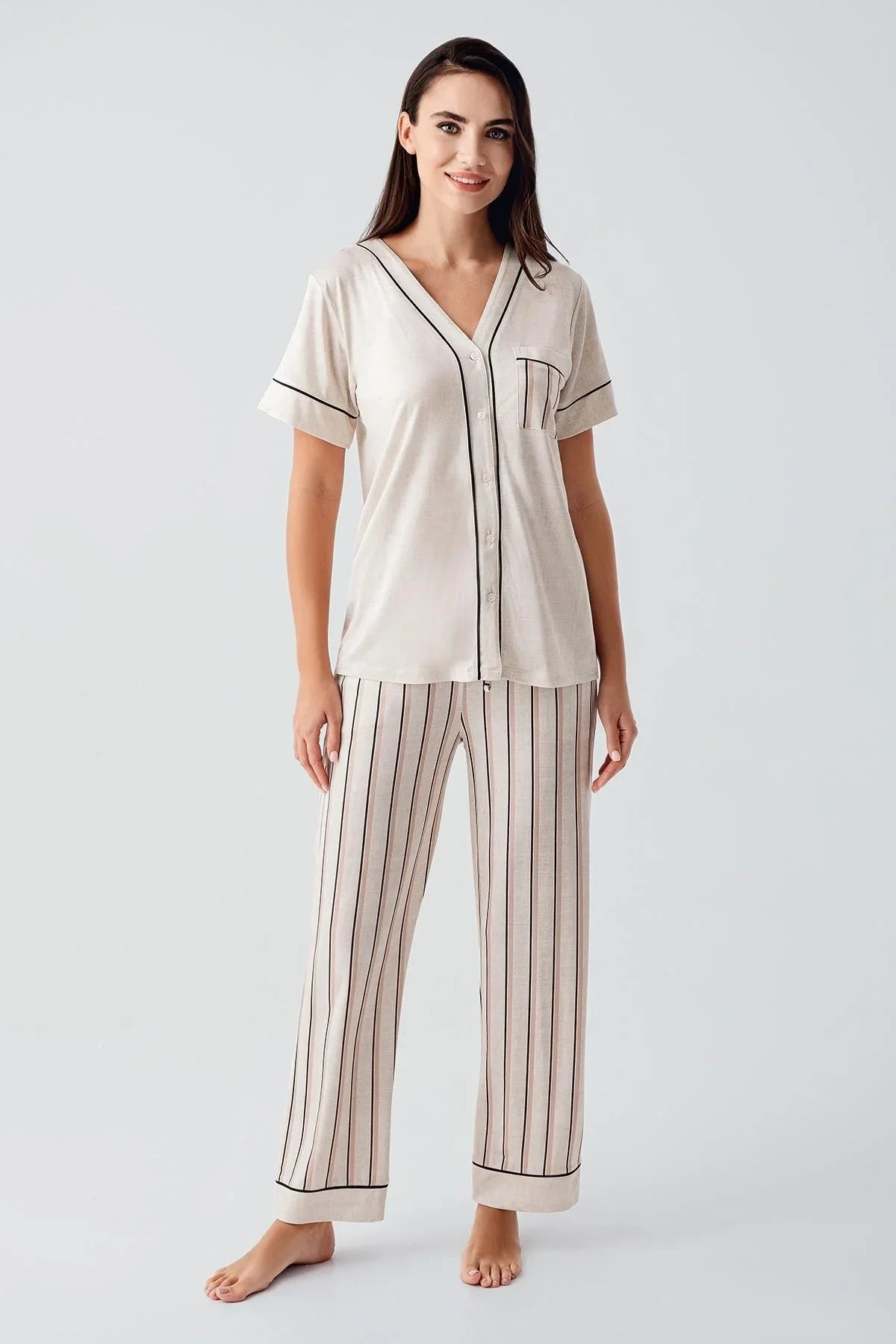 Kısa Kollu Çizgili Düğmeli Esnek Viskoz Pijama Takım 17214 - Artış Collection