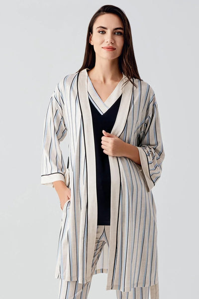 Kısa Kollu Çizgili Esnek Keten Efektli Viskoz Hamile Sabahlık Pijama Takım 17302