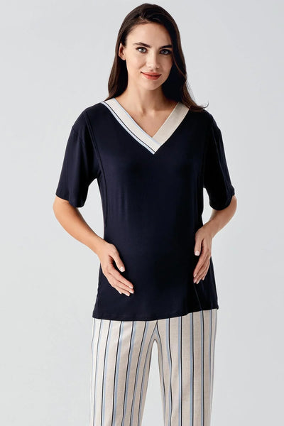 Kısa Kollu Çizgili Esnek Keten Efektli Viskoz Hamile Sabahlık Pijama Takım 17302