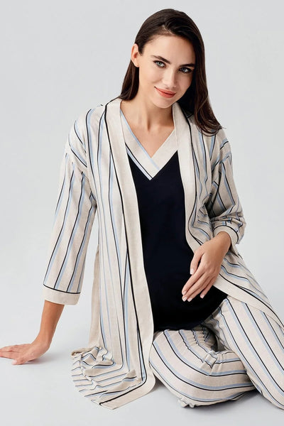 Kısa Kollu Çizgili Esnek Keten Efektli Viskoz Hamile Sabahlık Pijama Takım 17302