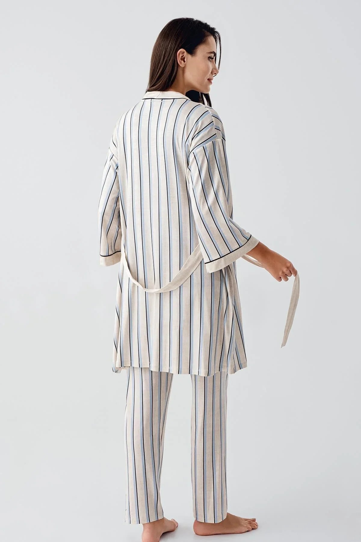 Kısa Kollu Çizgili Esnek Keten Efektli Viskoz Hamile Sabahlık Pijama Takım 17302