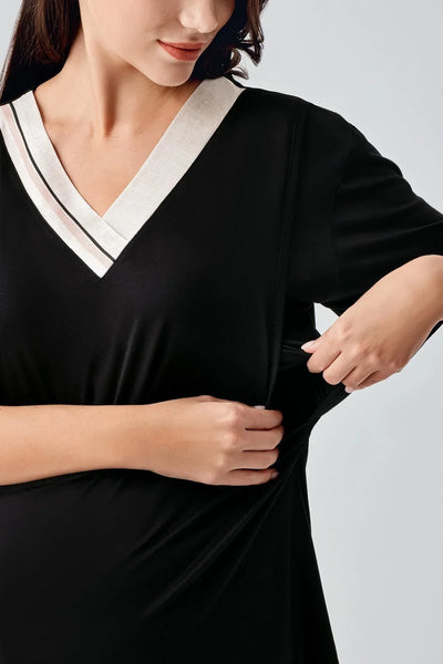 Kısa Kollu Çizgili Esnek Keten Efektli Viskoz Hamile Sabahlık Pijama Takım 17302