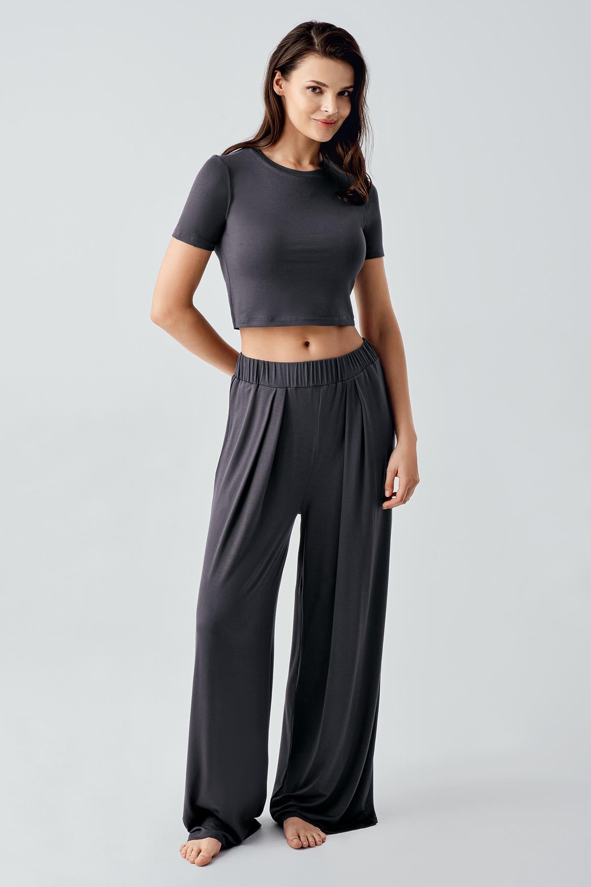 Short Sleeve Crop Wide Leg Flexible Viscose Pajama Set 17216