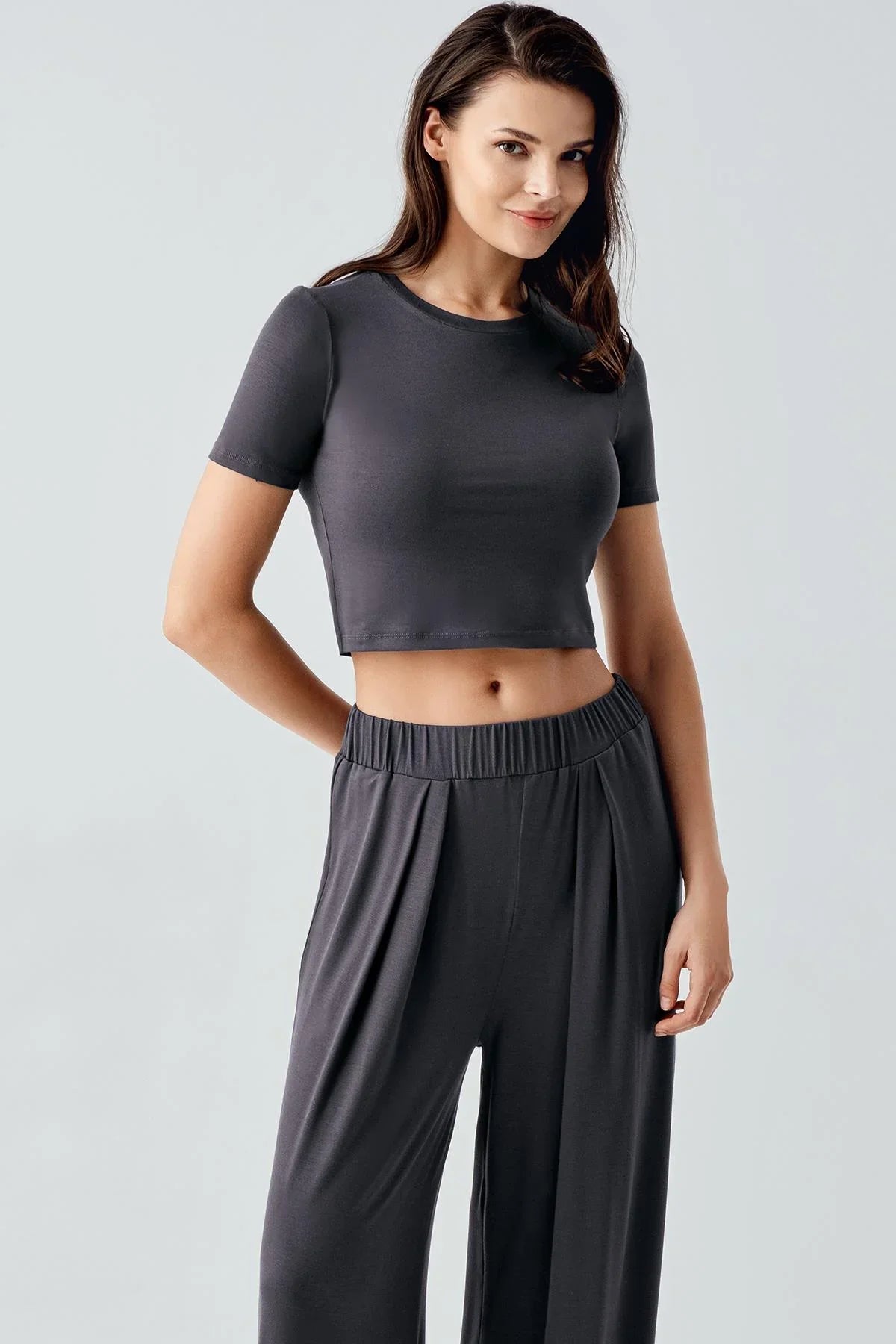 Short Sleeve Crop Wide Leg Flexible Viscose Pajama Set 17216