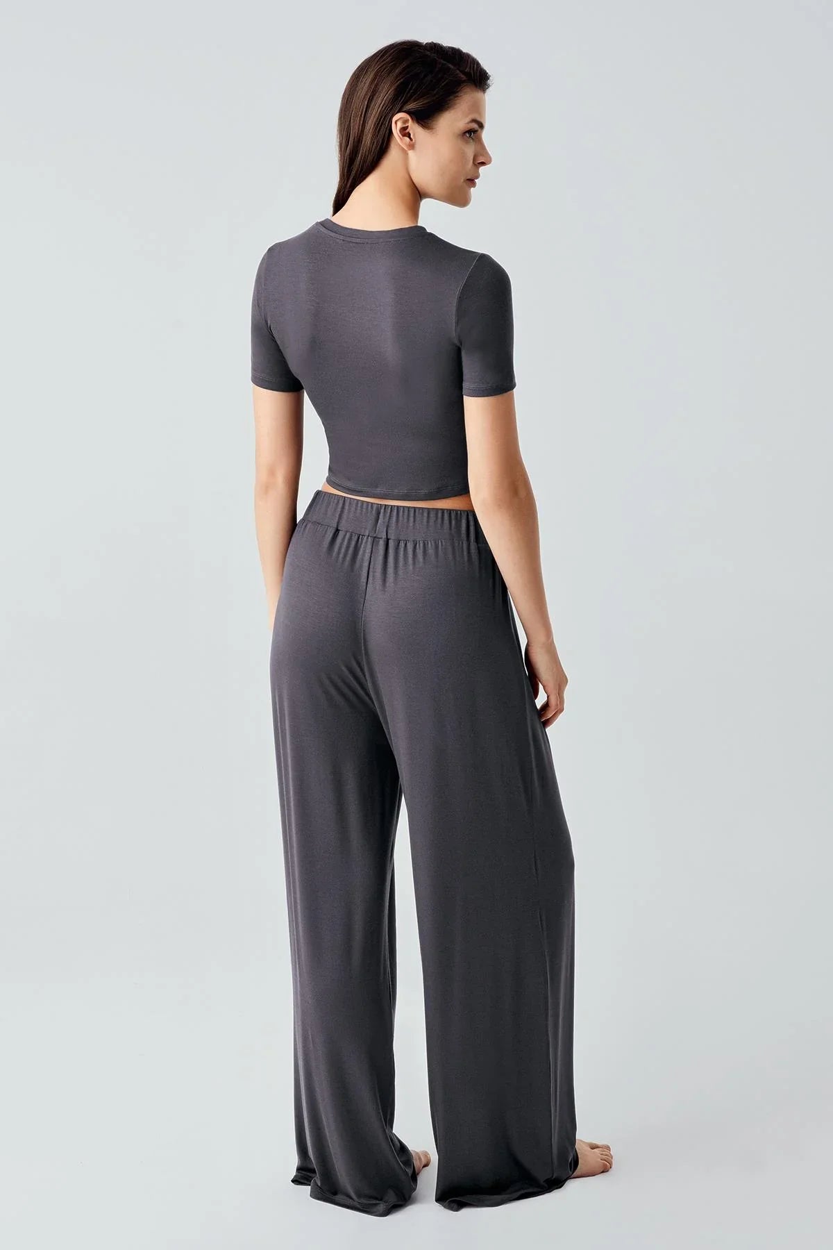 Short Sleeve Crop Wide Leg Flexible Viscose Pajama Set 17216
