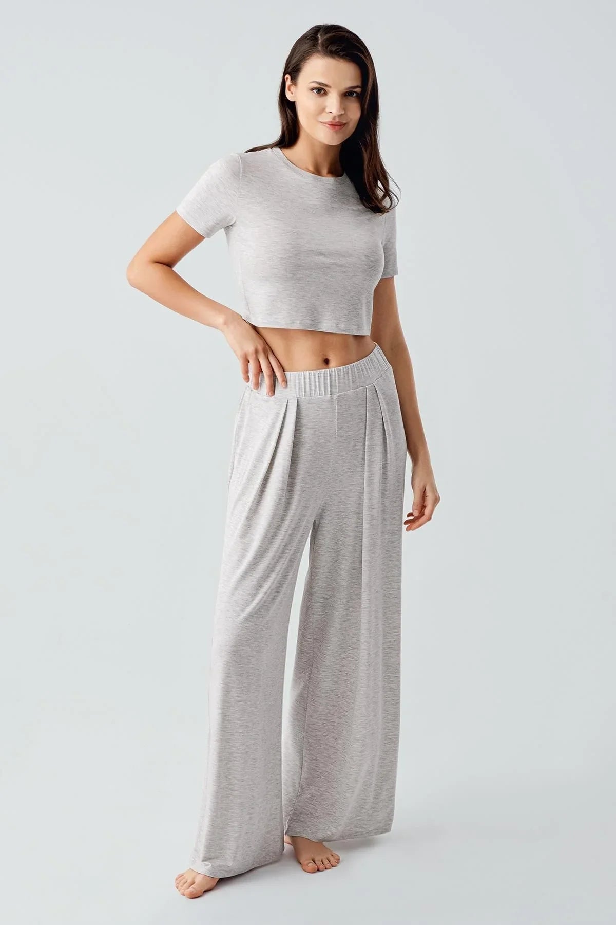 Kısa Kollu Crop Bol Paça Esnek Viskoz Pijama Takım 17216