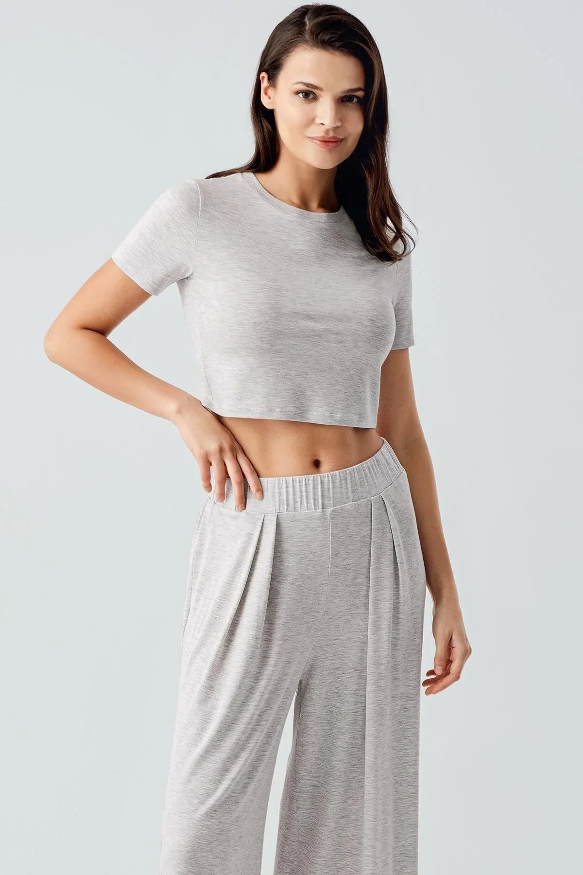 Kısa Kollu Crop Bol Paça Esnek Viskoz Pijama Takım 17216