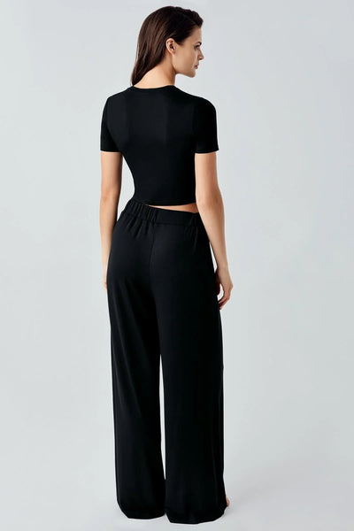 Kısa Kollu Crop Bol Paça Esnek Viskoz Pijama Takım 17216