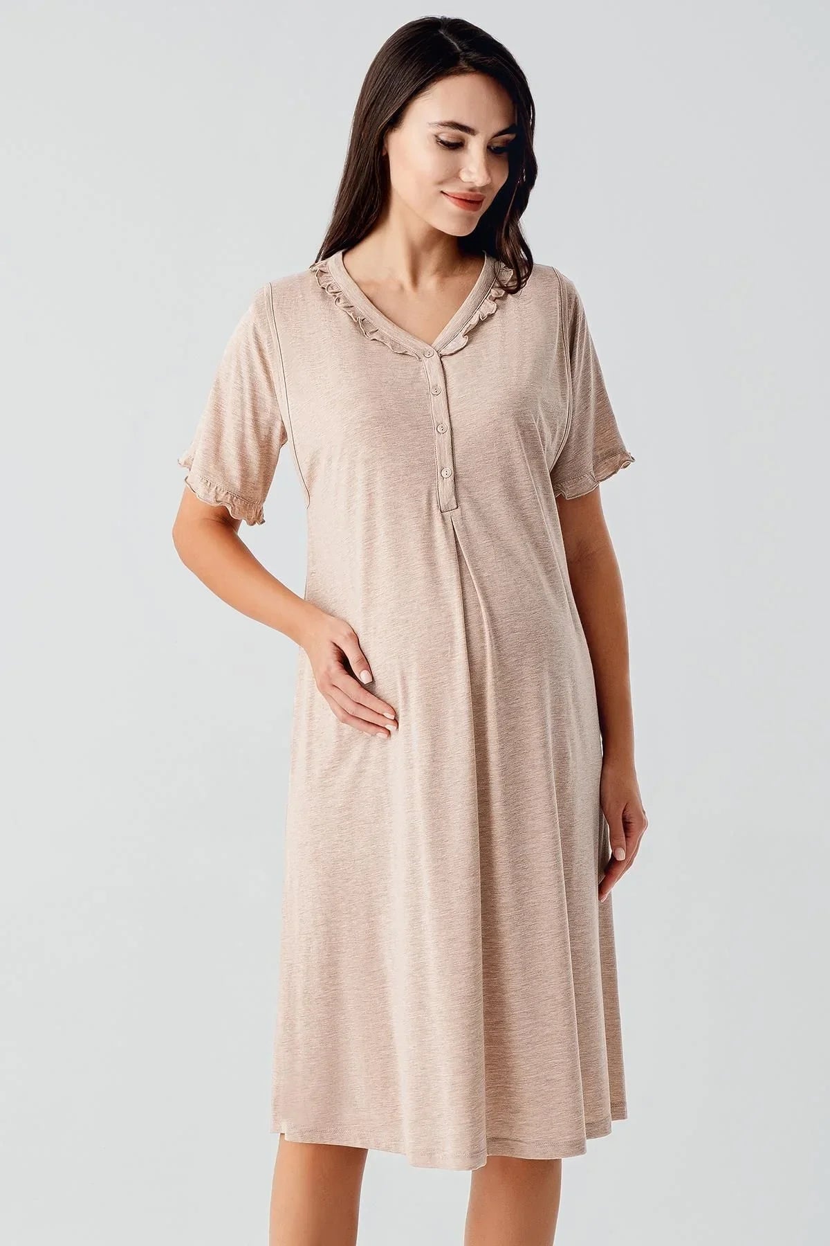 Kısa Kollu Düğmeli Esnek Pamuklu Hamile Gecelik 17100