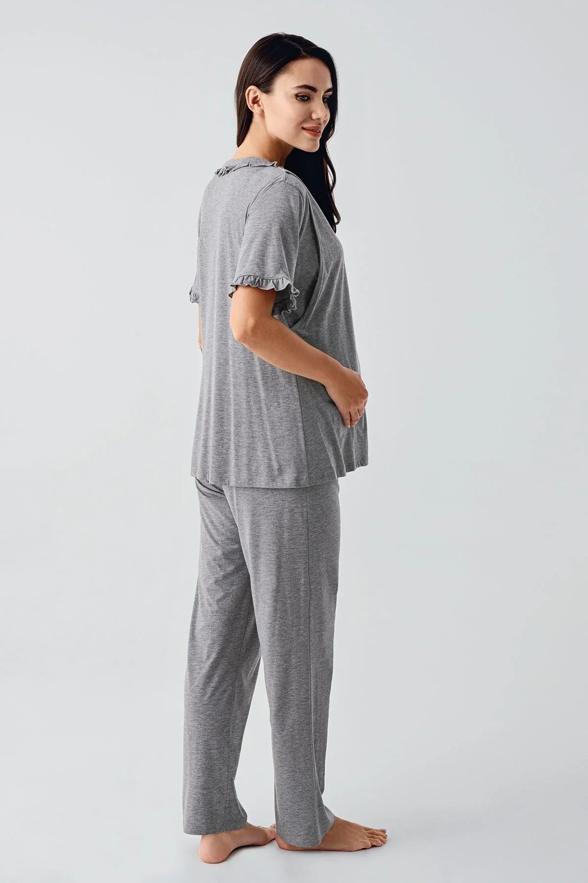 Kısa Kollu Düğmeli Esnek Pamuklu Kumaş Hamile Pijama Takım 17200