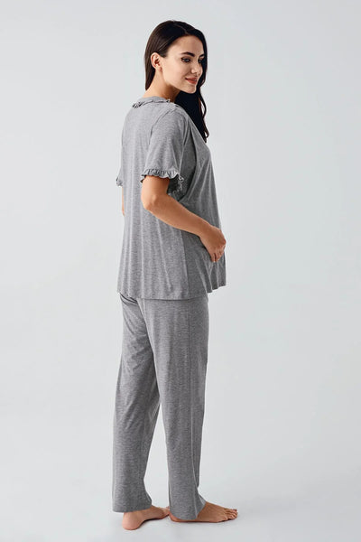 Kısa Kollu Düğmeli Esnek Pamuklu Kumaş Hamile Pijama Takım 17200