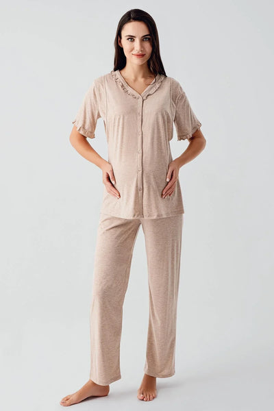 Kısa Kollu Düğmeli Esnek Pamuklu Kumaş Hamile Pijama Takım 17200