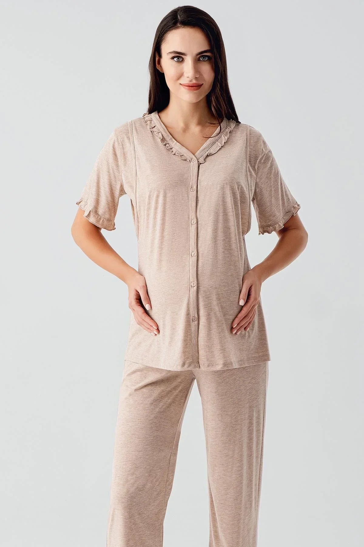 Kısa Kollu Düğmeli Esnek Pamuklu Kumaş Hamile Pijama Takım 17200