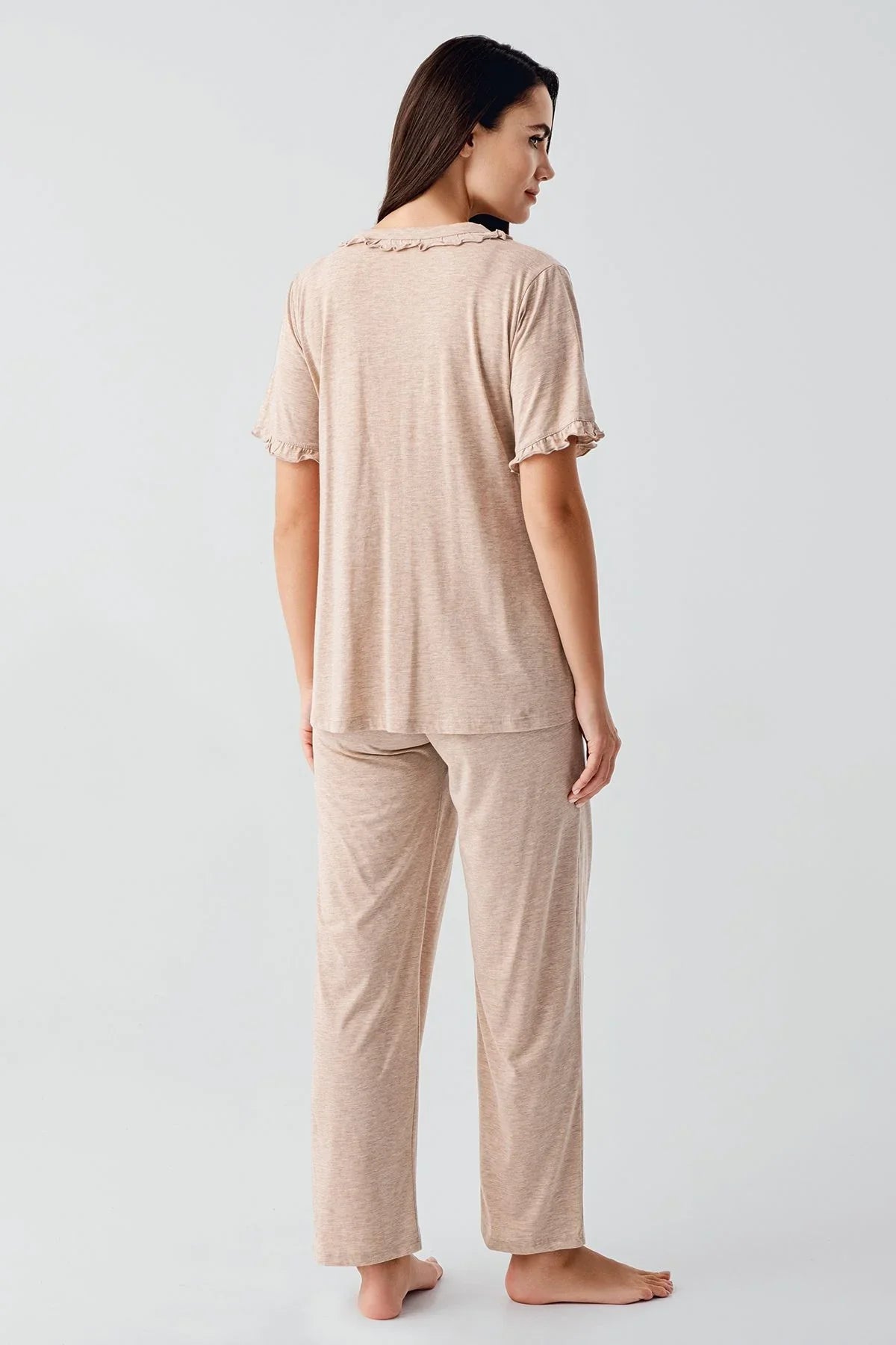 Kısa Kollu Düğmeli Esnek Pamuklu Kumaş Hamile Pijama Takım 17200