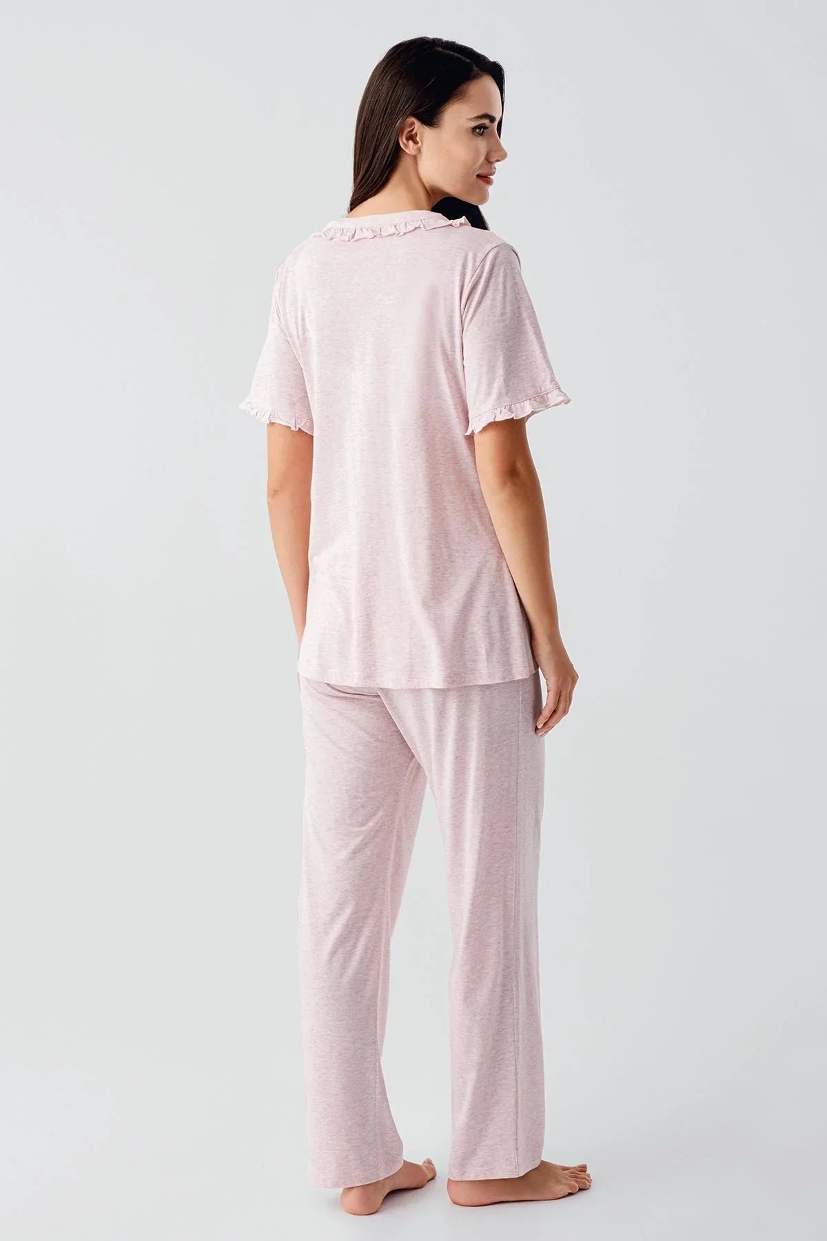 Kısa Kollu Düğmeli Esnek Pamuklu Kumaş Hamile Pijama Takım 17200