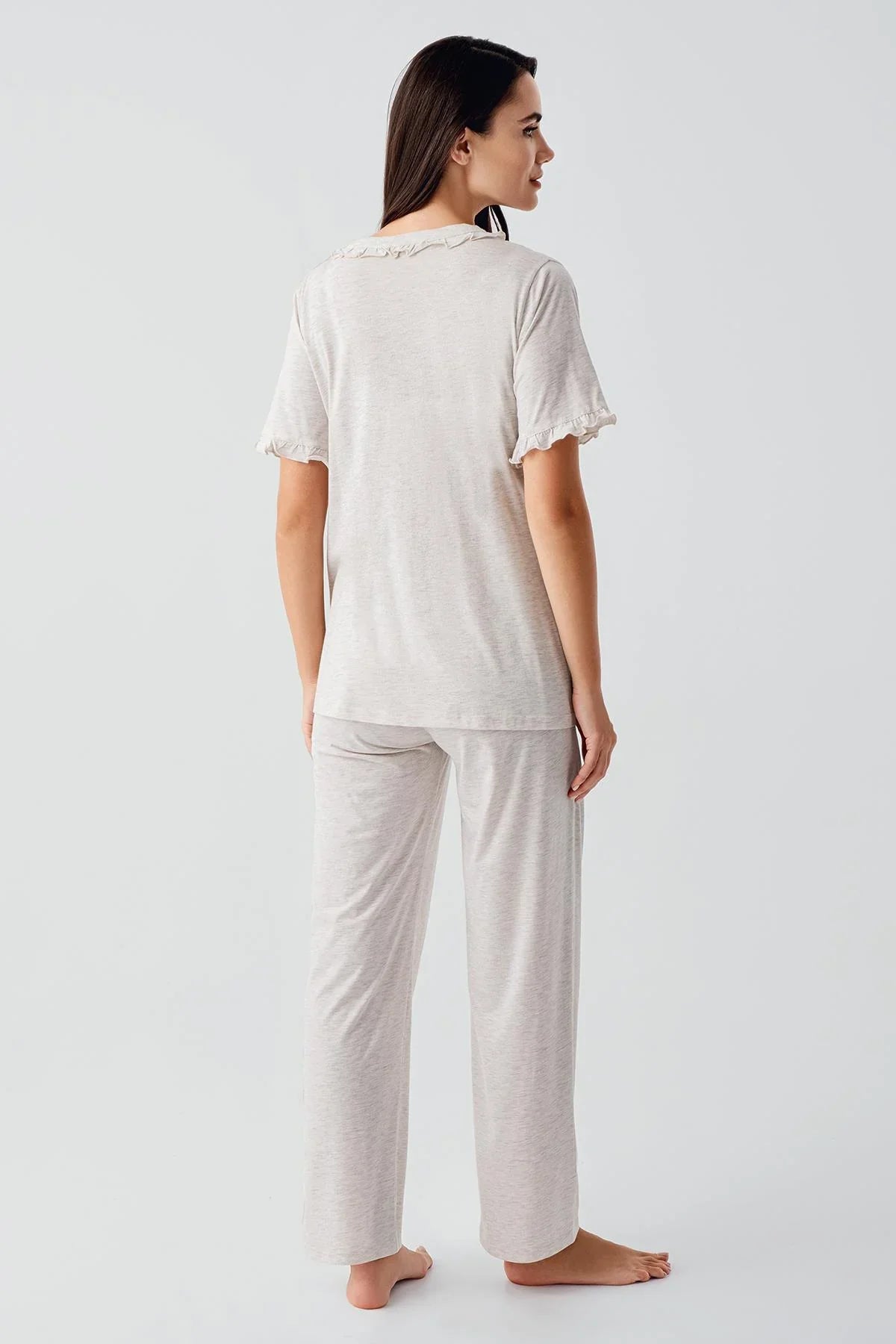 Kısa Kollu Düğmeli Esnek Pamuklu Kumaş Hamile Pijama Takım 17200