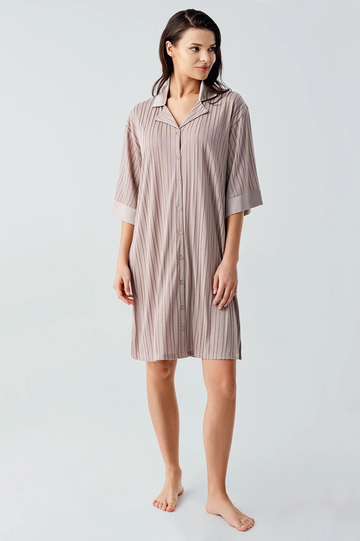 Kısa Kollu Düğmeli Esnek Viskoz Elbise 17102 - Artış Collection