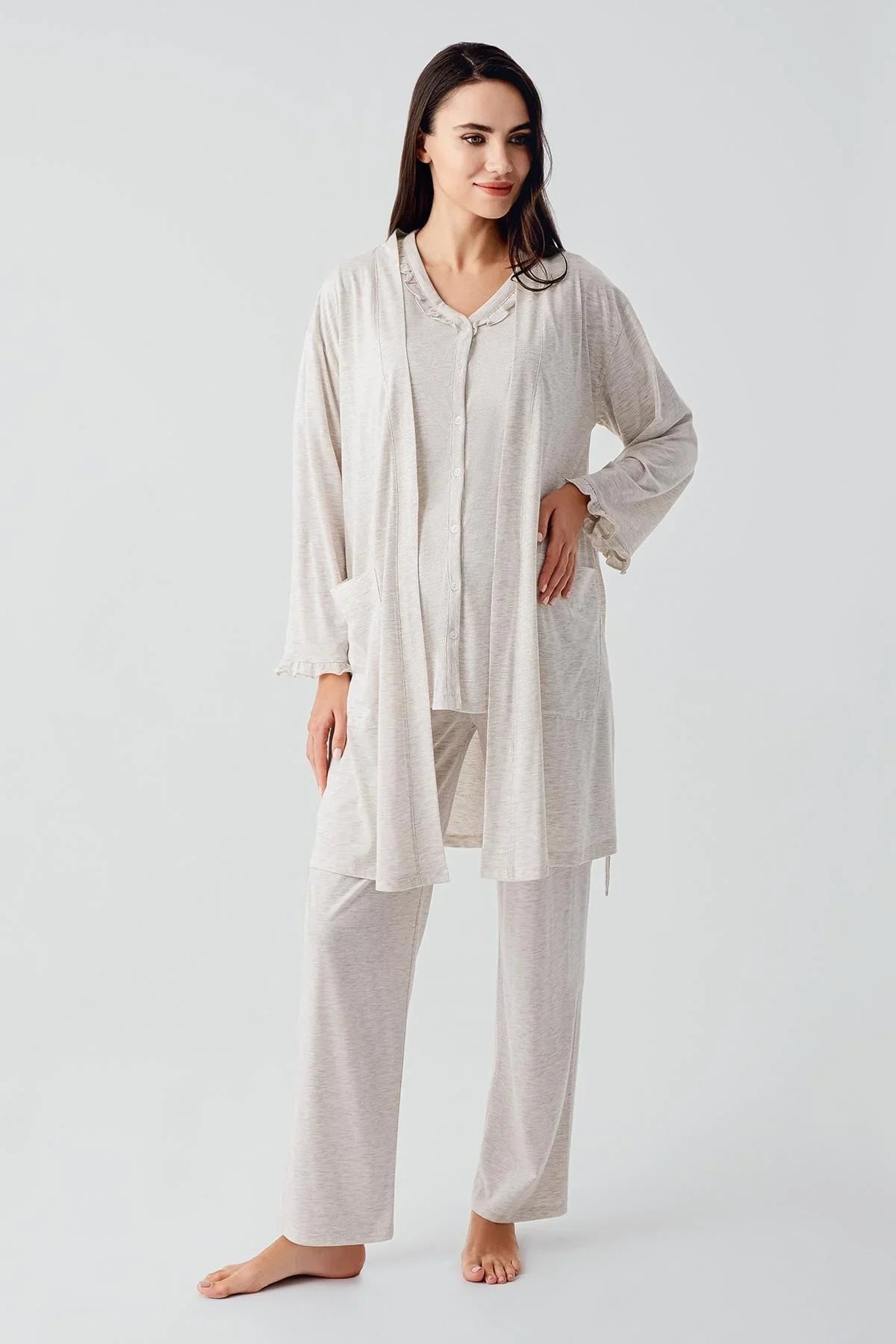 Kısa Kollu Düğmeli Pamuklu Hamile Sabahlık Pijama Takım 17300