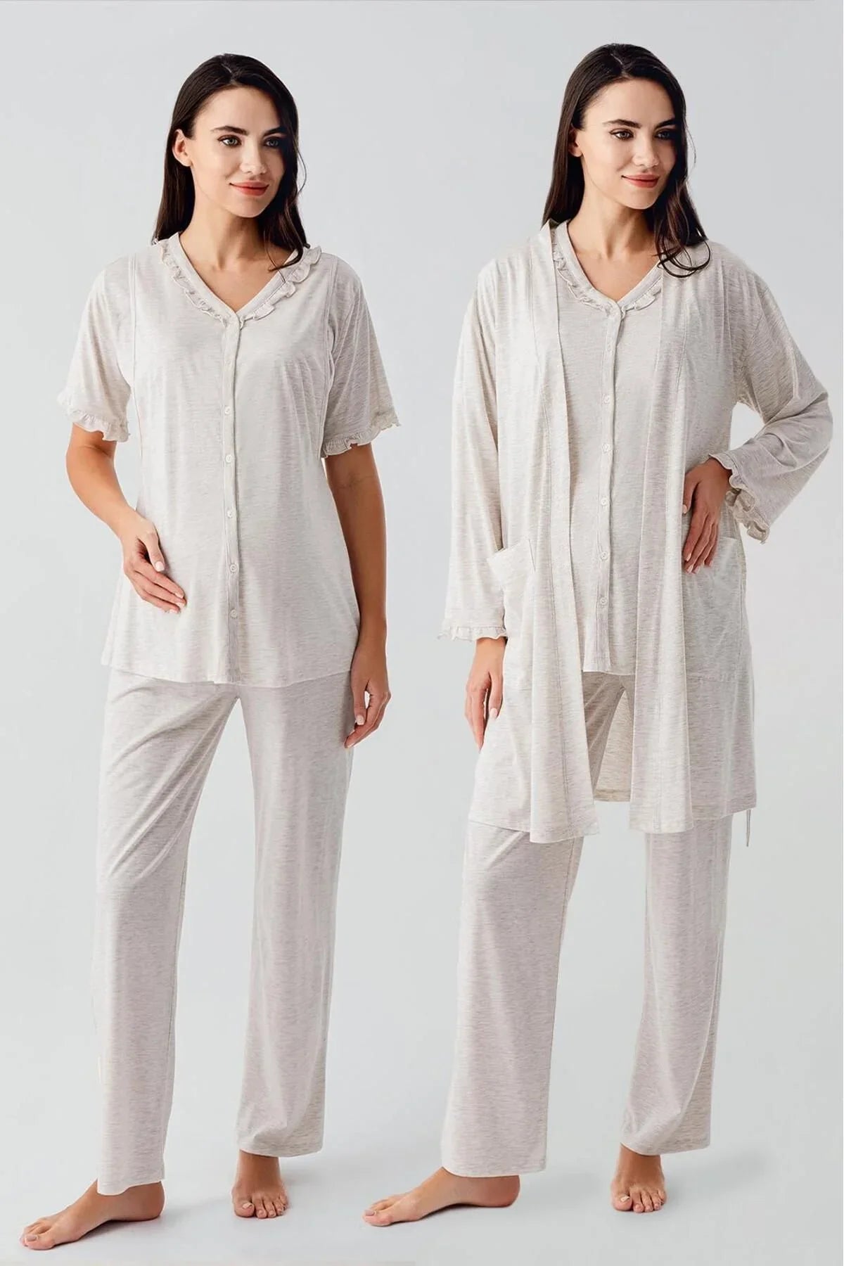 Kısa Kollu Düğmeli Pamuklu Hamile Sabahlık Pijama Takım 17300