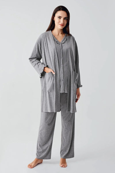Kısa Kollu Düğmeli Pamuklu Hamile Sabahlık Pijama Takım 17300