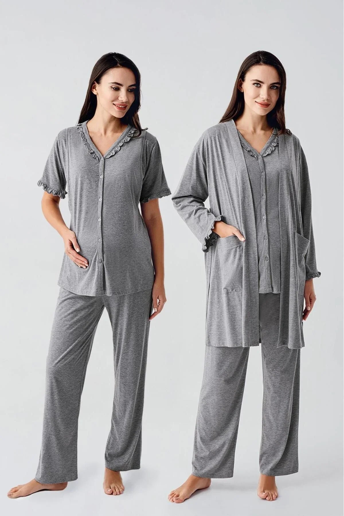 Kısa Kollu Düğmeli Pamuklu Hamile Sabahlık Pijama Takım 17300