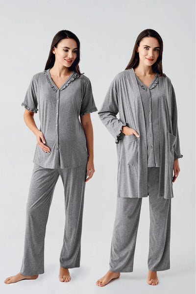 Kısa Kollu Düğmeli Pamuklu Hamile Sabahlık Pijama Takım 17300