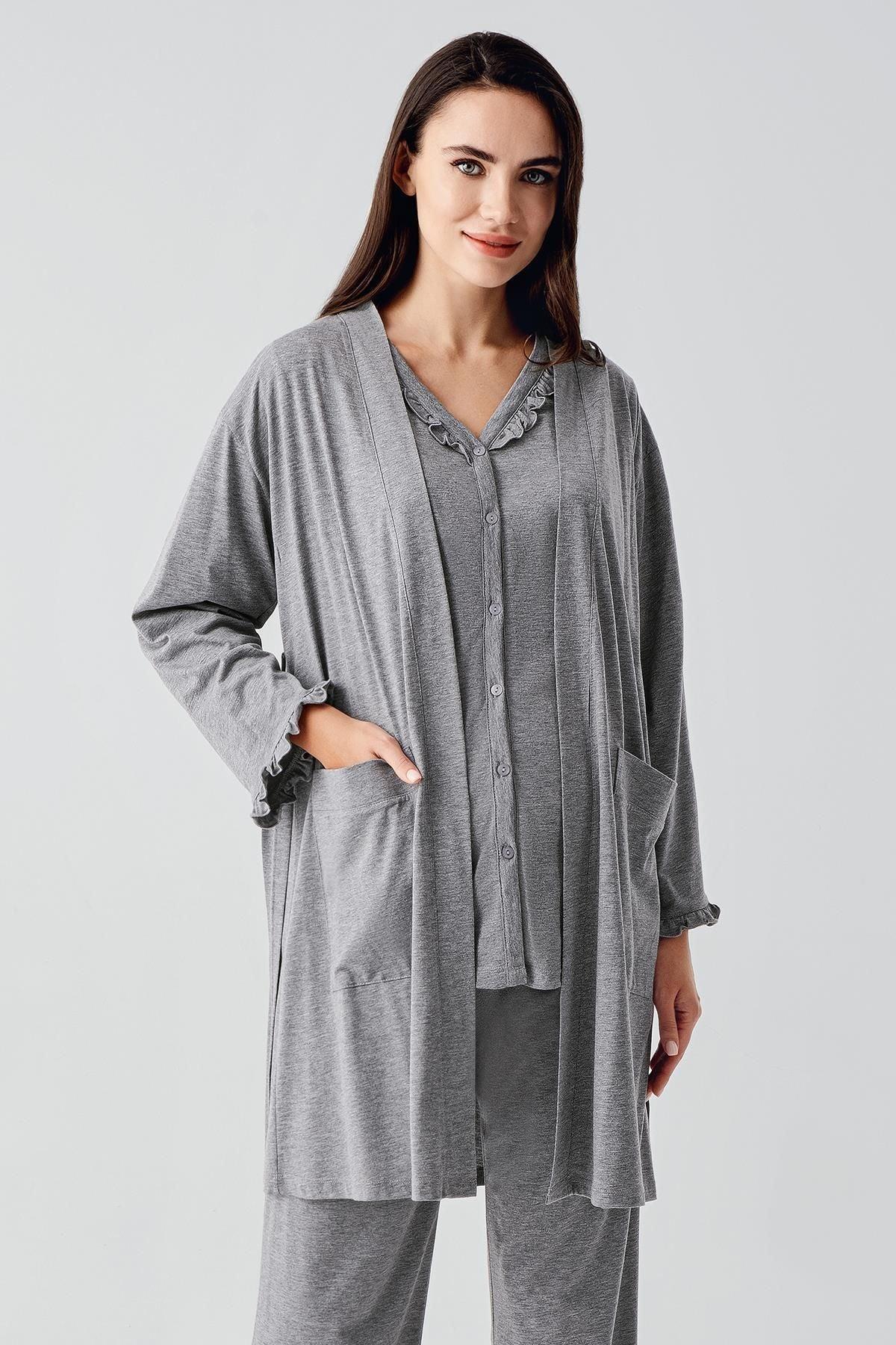 Kısa Kollu Düğmeli Pamuklu Hamile Sabahlık Pijama Takım 17300