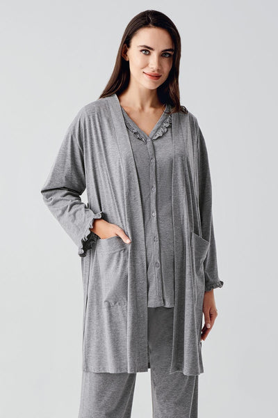 Kısa Kollu Düğmeli Pamuklu Hamile Sabahlık Pijama Takım 17300