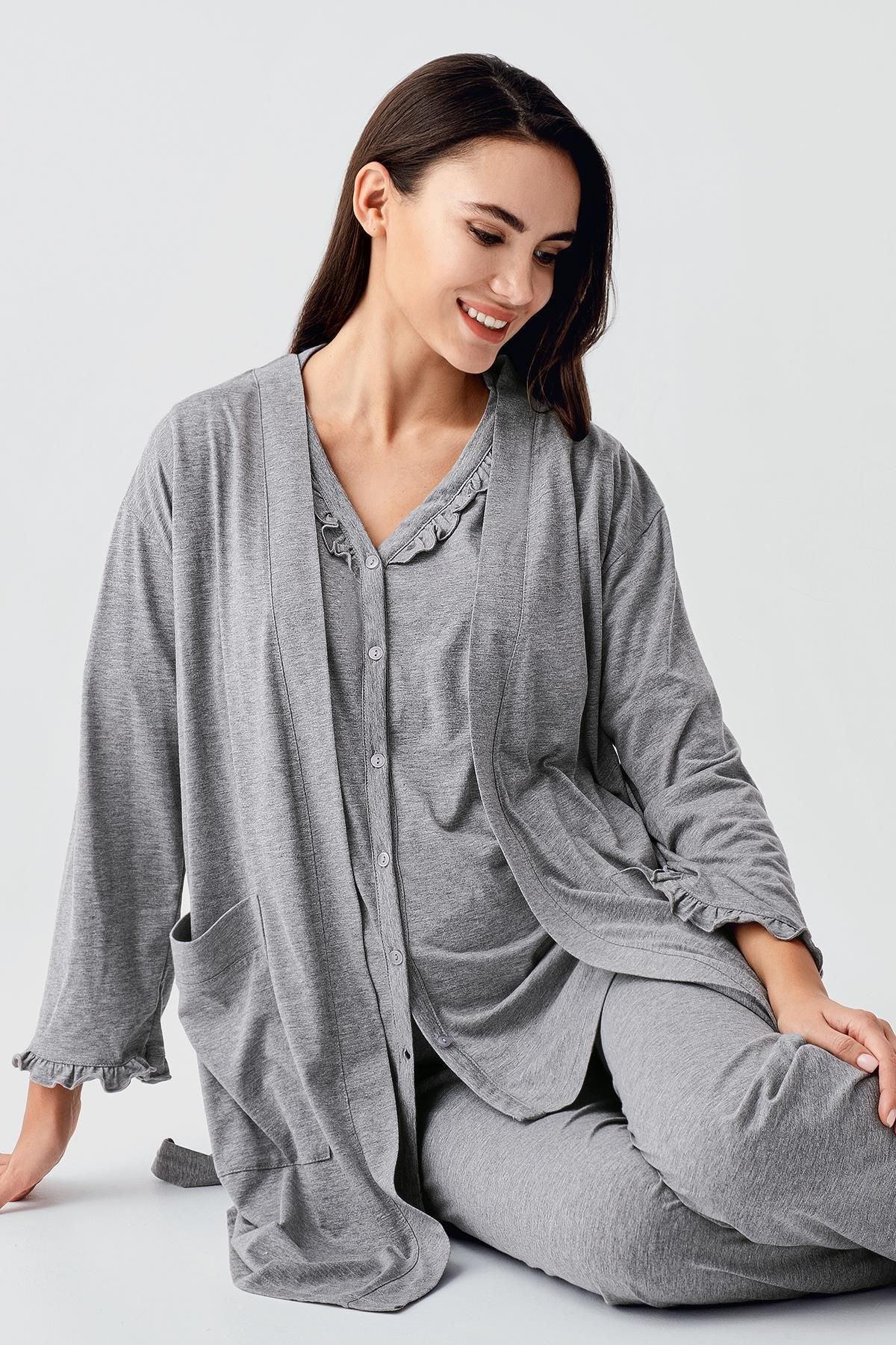 Kısa Kollu Düğmeli Pamuklu Hamile Sabahlık Pijama Takım 17300