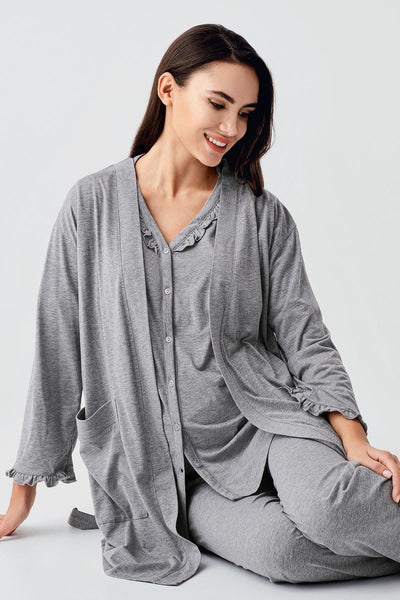 Kısa Kollu Düğmeli Pamuklu Hamile Sabahlık Pijama Takım 17300